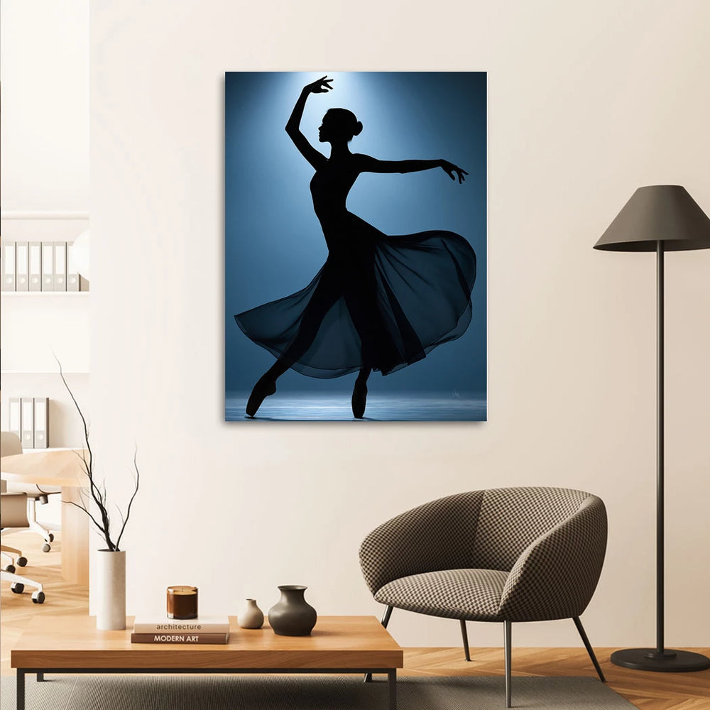 Elegant ballet pose captured in fine art photography with a moody blue palette.