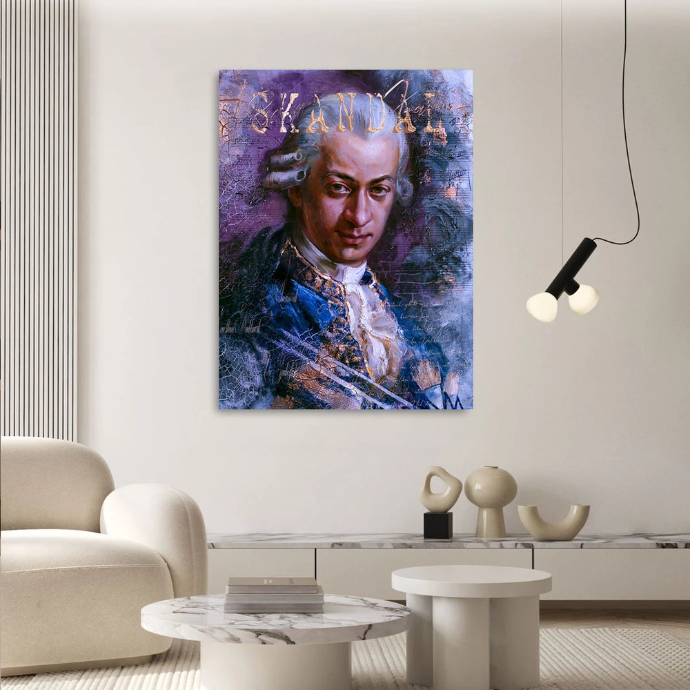 Mozart portrait on a colorful canvas suitable for modern, industrial, or eclectic interiors.