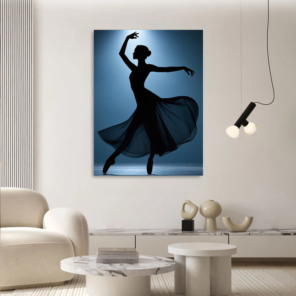 Close-up of the dancer's outline with deep blue hues and studio lighting.