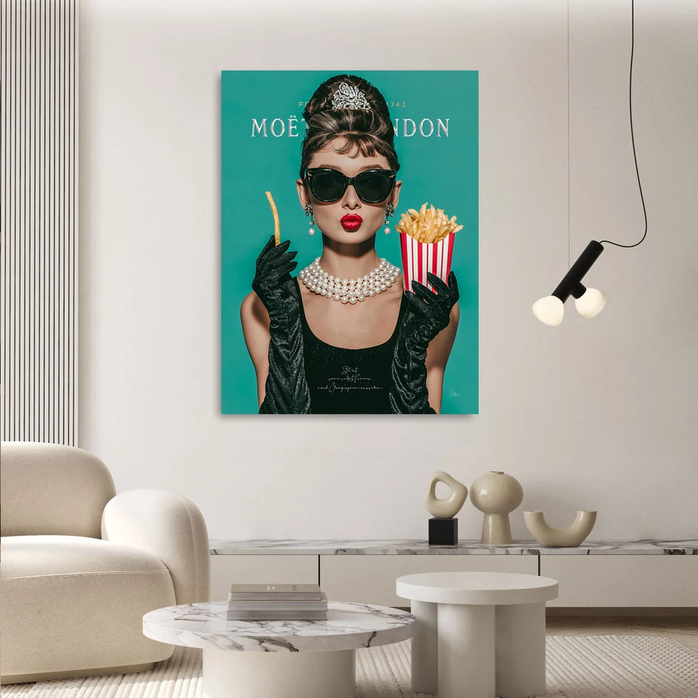 Retro glam art print featuring a celebrity-inspired figure and fries theme.
