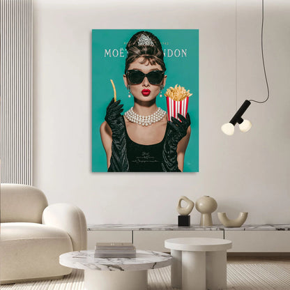 Retro glam art print featuring a celebrity-inspired figure and fries theme.