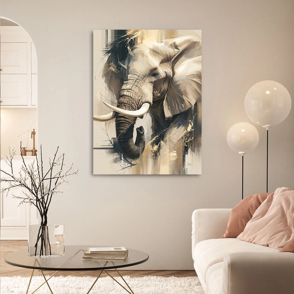 Detail of elephant tusk and trunk amid painterly gold and grey abstract patterns