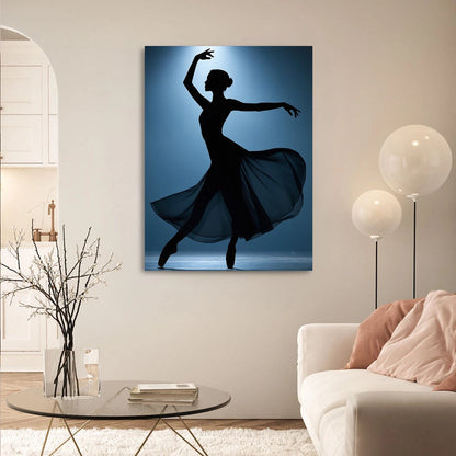 Minimalist canvas wall art featuring a graceful ballerina silhouette in blue tones.