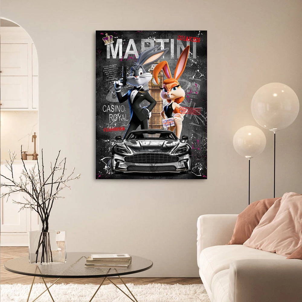 Bold red, orange, and blue accents pop against a monochrome background in the Bond-inspired design.