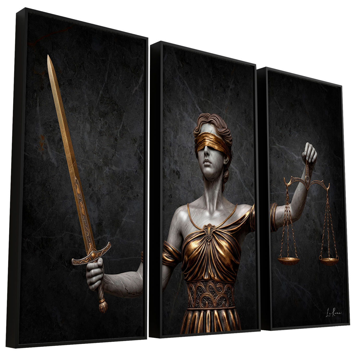 Three-panel neoclassical wall art showing Lady Justice in bronze with scales and sword on a dark grey marble backdrop