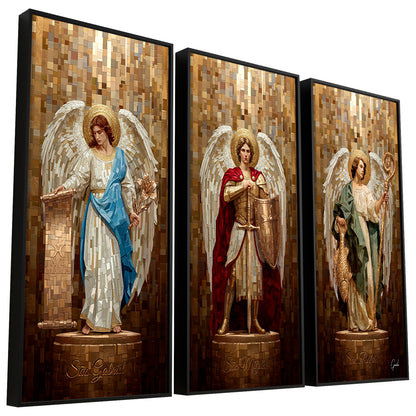 Three-archangel mosaic triptych by Tesselart with Saint Gabriel, Saint Michael, and Saint Raphael.
