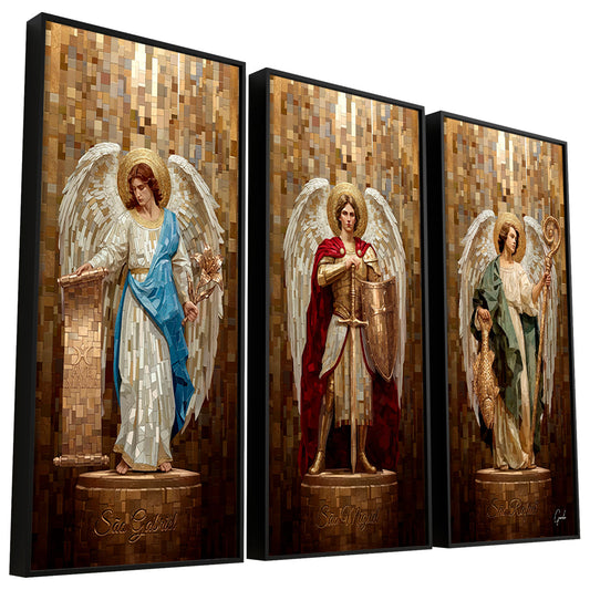 Three-archangel mosaic triptych by Tesselart with Saint Gabriel, Saint Michael, and Saint Raphael.