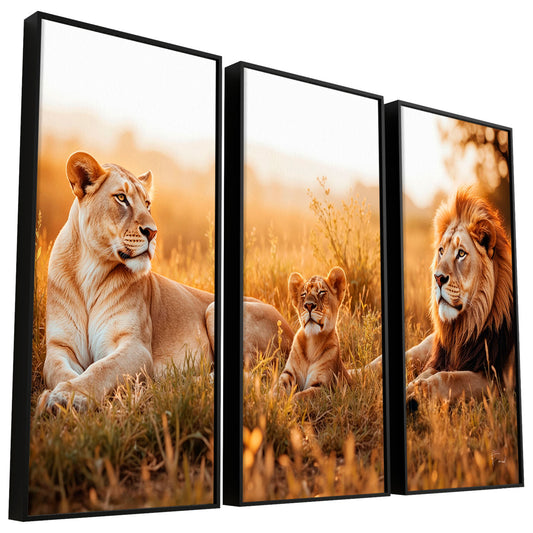 Three-panel wall art featuring a lioness, cub, and male lion resting in sunset grass