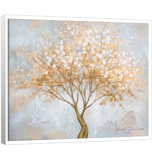 Calm Tree Painting: golden-bronze trunk with luminous gold, cream, and white leaves on blue-grey beige backdrop