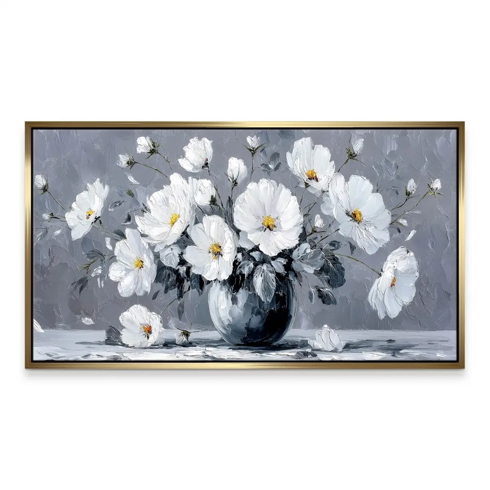 Detail of thick, expressive petals in silver and white tones from a textured botanical canvas.