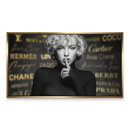Full canvas view of the Marilyn Monroe wall art showing the bold monochrome portrait and gold accents.
