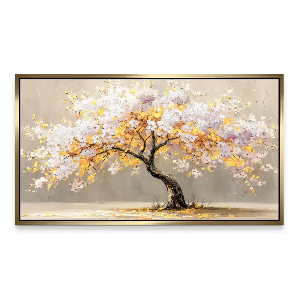 Soft neutral beige background highlights the luminous gold and white blossoms on canvas.