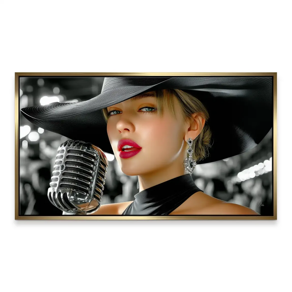 Moody, blurred jazz club backdrop behind a vibrant, stylish figure