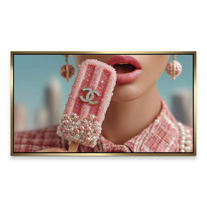 Luxurious color palette of pinks and blues with glossy, high-fashion branding elements in a contemporary piece.
