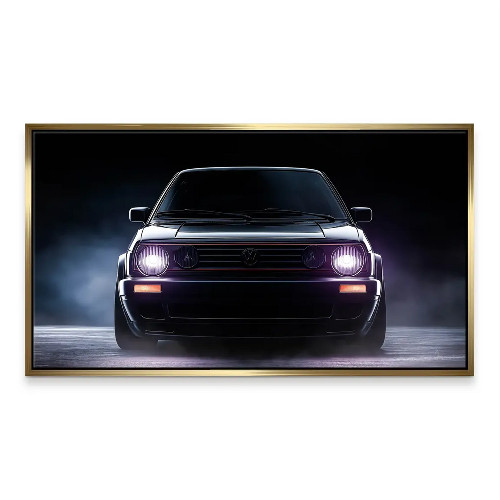 Detail shot of the grille red stripe and the car's headlight glow on the Old School canvas print.
