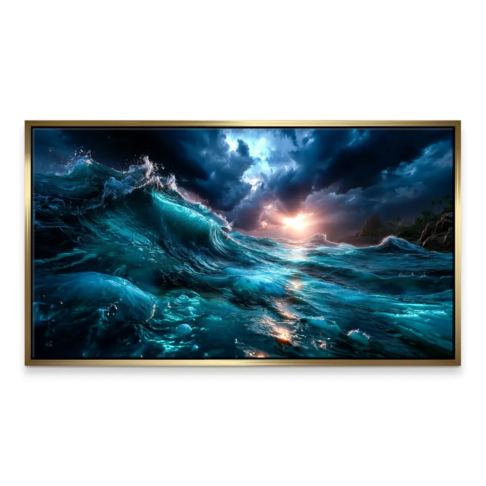 Expansive seascape across the canvas showing dramatic clouds and a luminous sea surface.