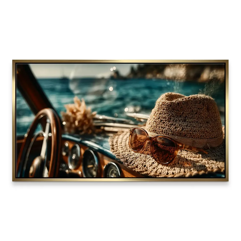Warm wood tones contrasting with cool blue water in coastal canvas art
