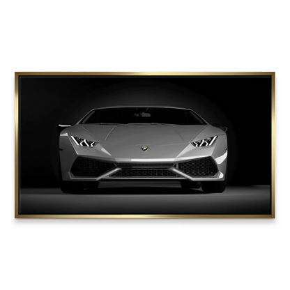 Dark backdrop highlights the luxury sports car wall art in grayscale.
