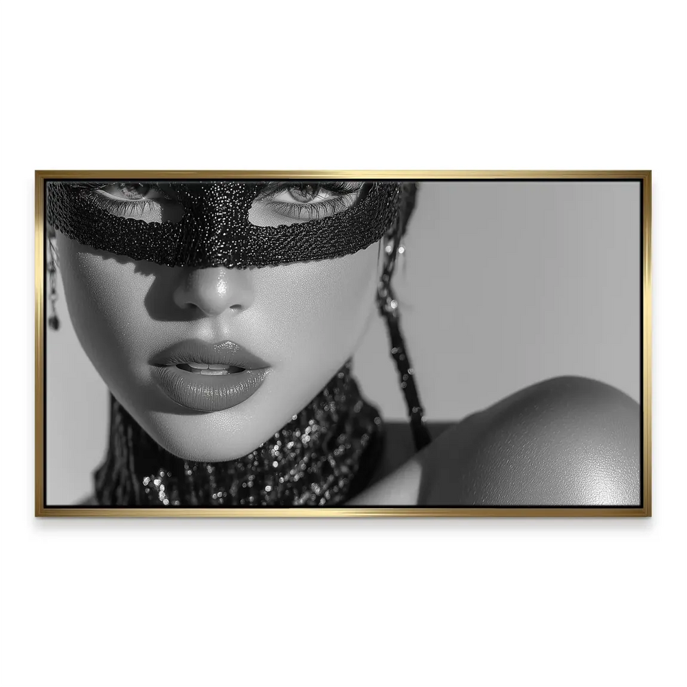 Glamorous portrait of a masked woman with jewelry against a deep, dark backdrop.
