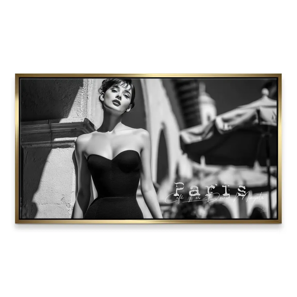 Vintage-inspired canvas showing a refined woman with a blurred Paris cafe background