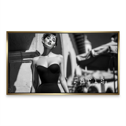 Vintage-inspired canvas showing a refined woman with a blurred Paris cafe background