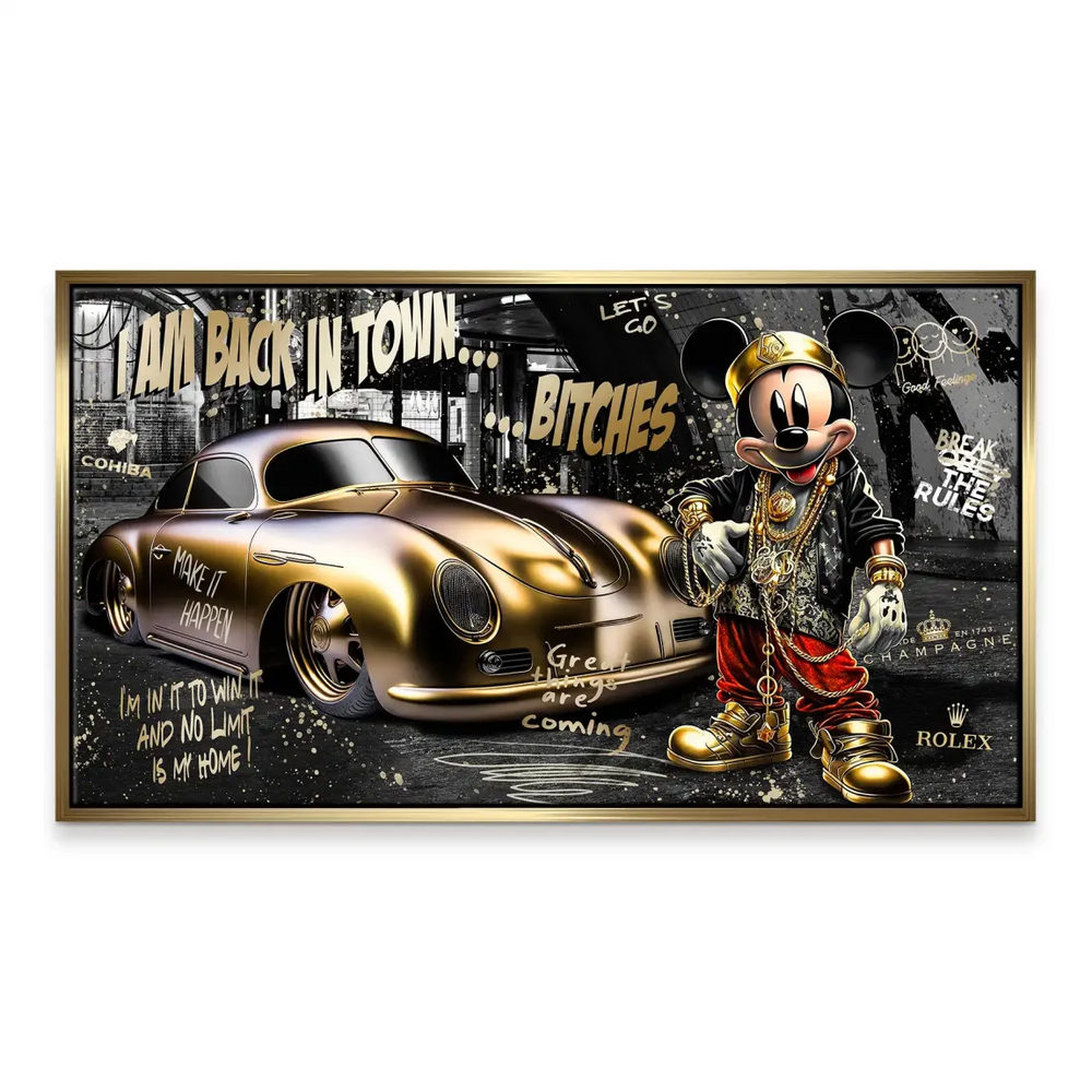 Mickey Mouse as a hip hop mogul with crown and jewelry in a modern Pop Graffiti wall art piece