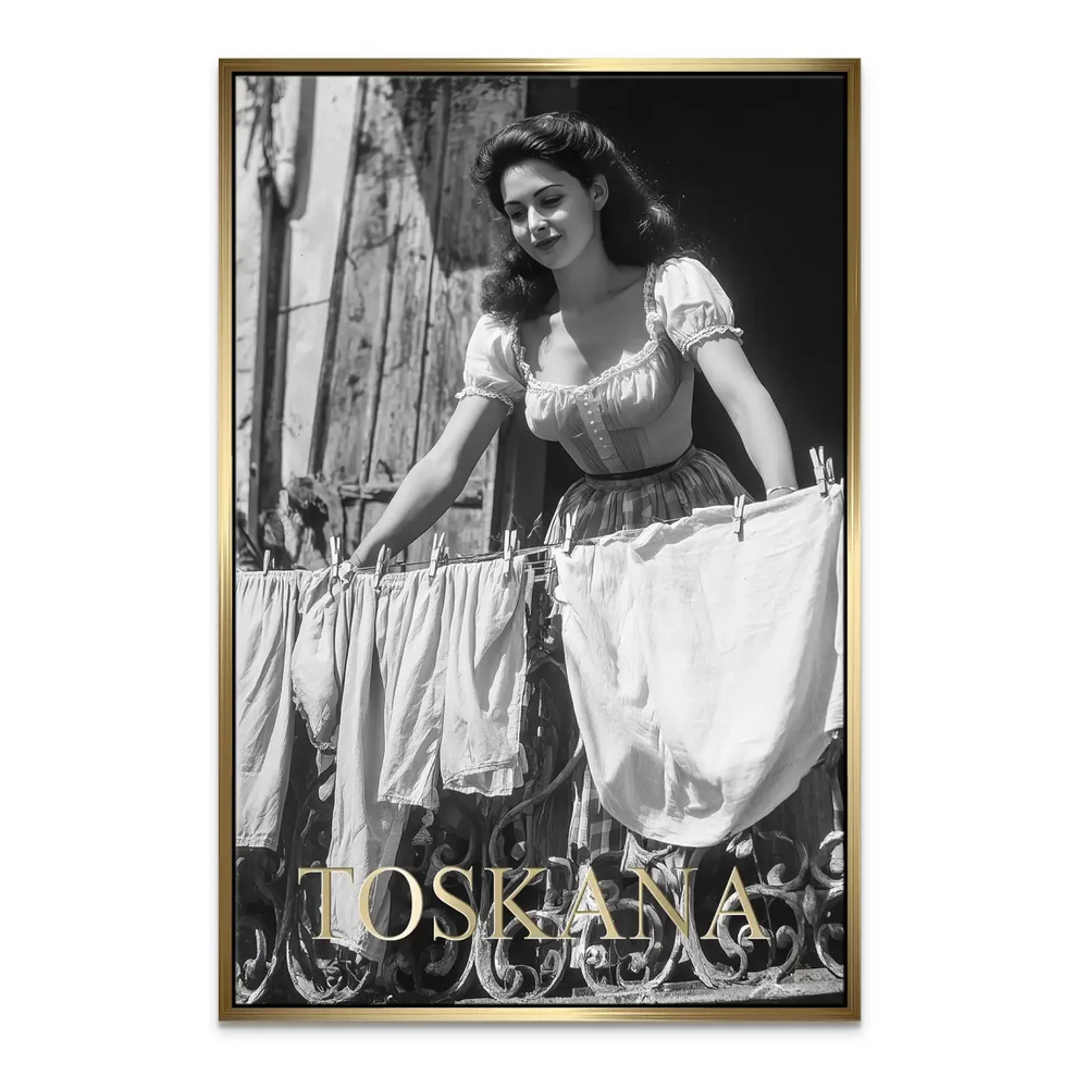 Timeless vintage photography-inspired canvas depicting a European balcony scene.