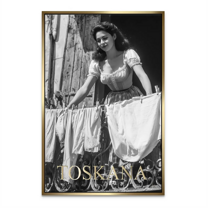 Timeless vintage photography-inspired canvas depicting a European balcony scene.