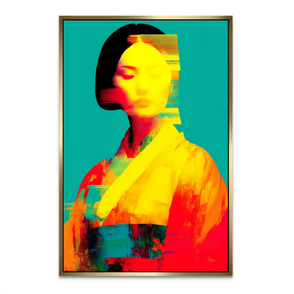 Vibrant geisha canvas art with yellow face framed by teal background