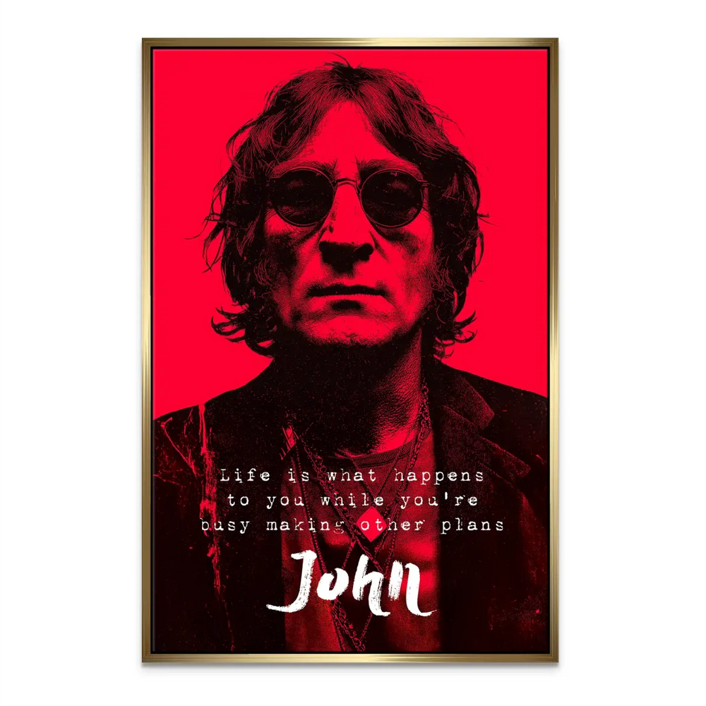John Lennon wall art featuring white typography on red backdrop