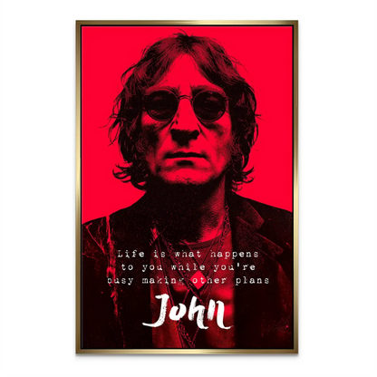 John Lennon wall art featuring white typography on red backdrop