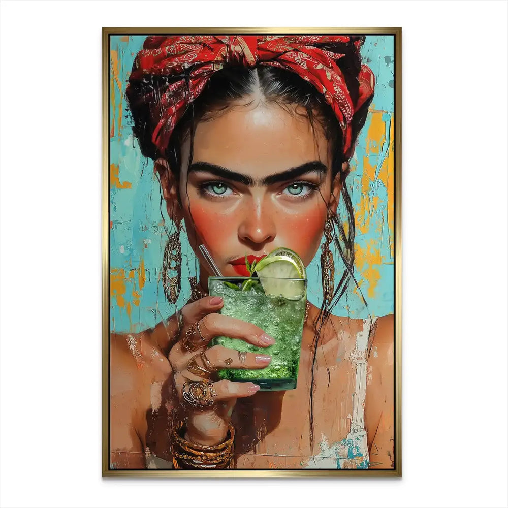 Turquoise and warm orange background behind the subject in the mint canvas print.
