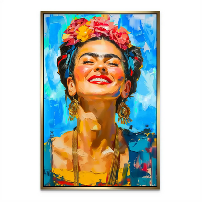 Frida Kahlo-inspired canvas art with golden earrings and colorful attire.