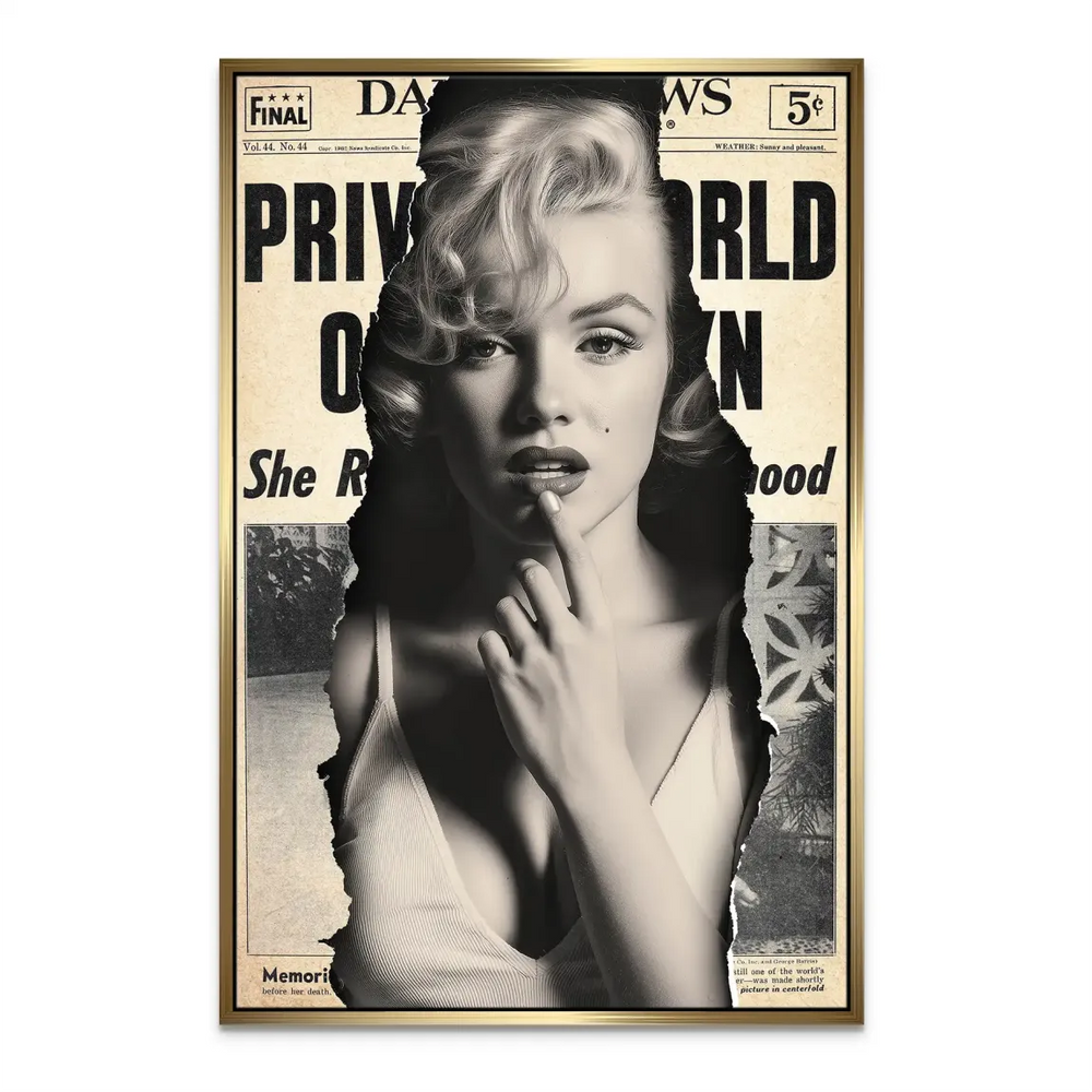 Close-up of Marilyn Monroe lips in red on aged newspaper background