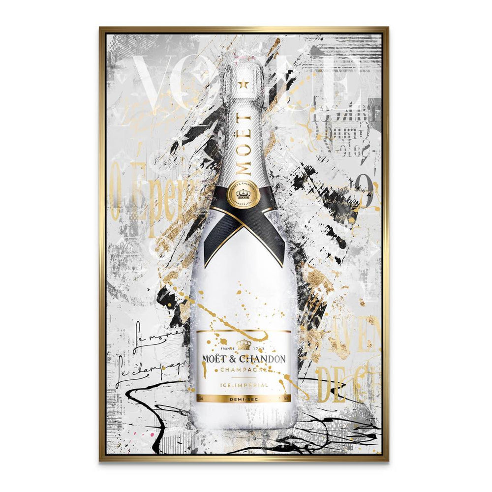 Glam contemporary living room wall with champagne-themed art in industrial chic decor.