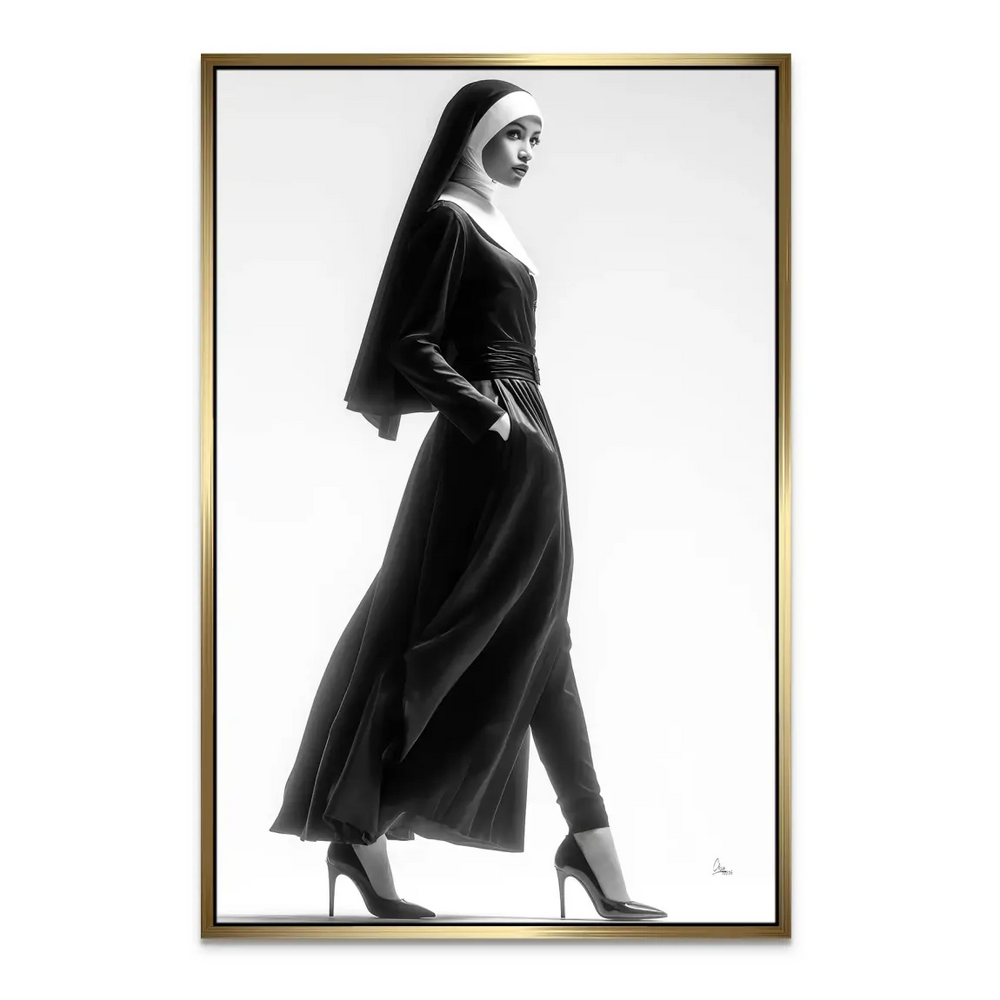 Focus on the nun's thoughtful gaze over the shoulder in dramatic monochrome.