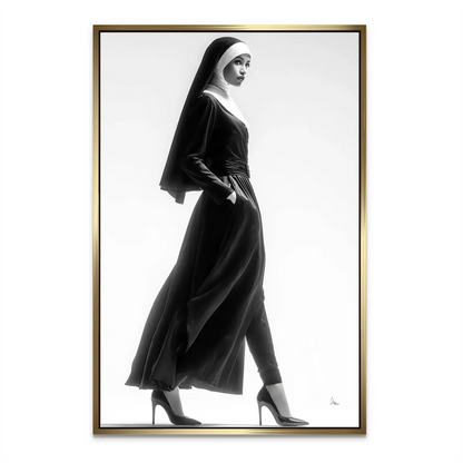 Focus on the nun's thoughtful gaze over the shoulder in dramatic monochrome.