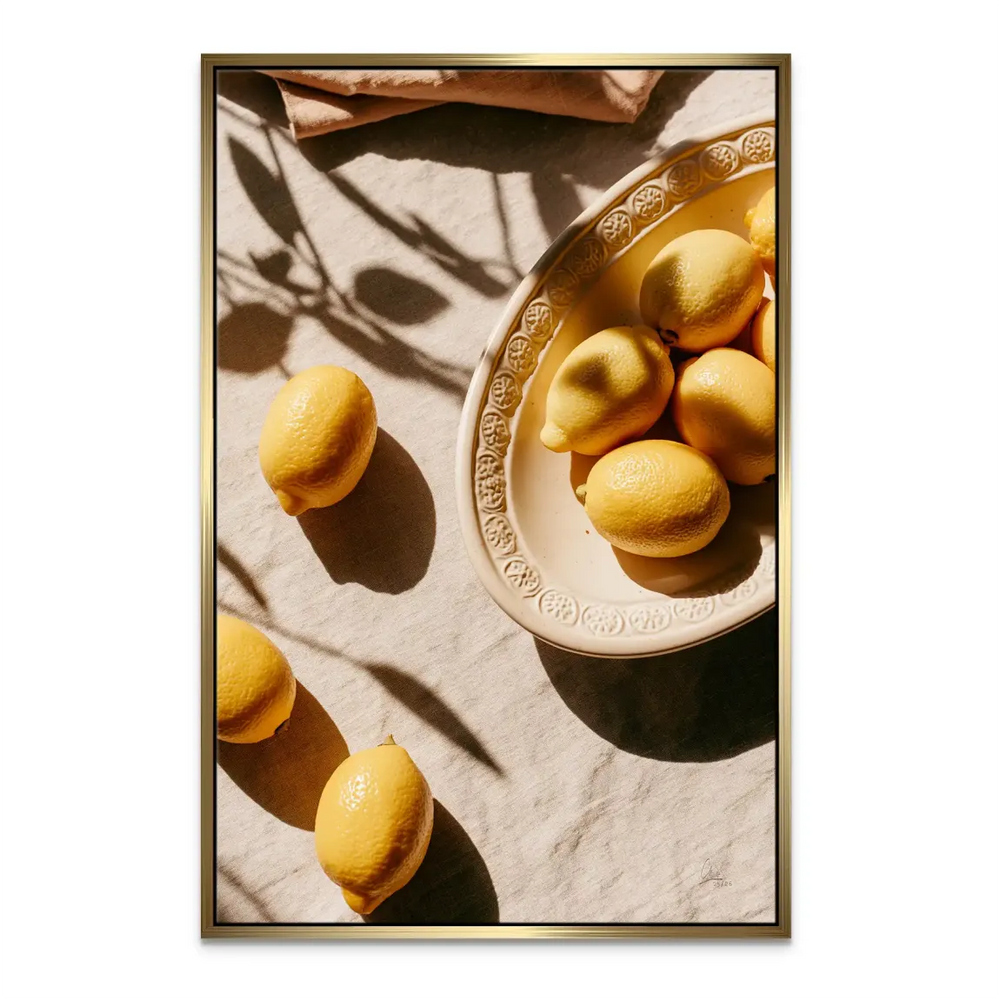 Beige tablecloth, sunlit lemons, and subtle foliage shadows in a warm color palette canvas wall decor.