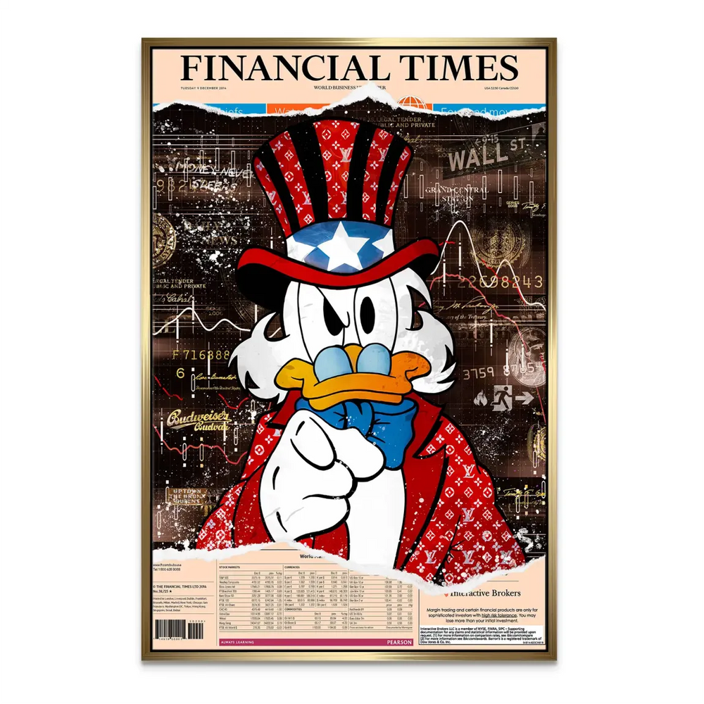 Modern office decor wall art showing finance-themed graphics and pop culture icon.
