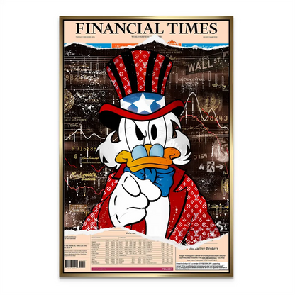 Modern office decor wall art showing finance-themed graphics and pop culture icon.