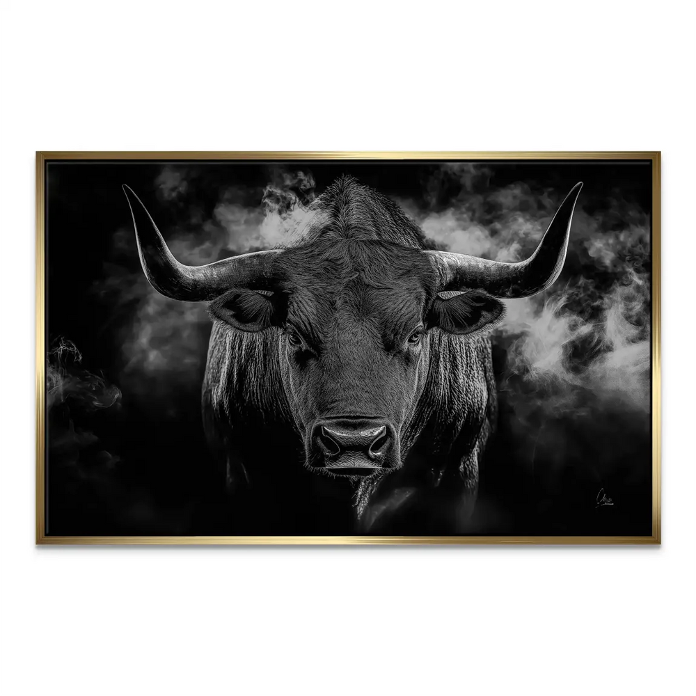 Dramatic bull in black and white with wisps of mist for depth