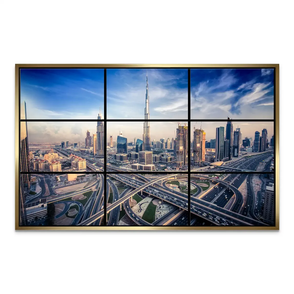 Nine-panel grid arrangement forming a modern wall art of Dubai's skyline