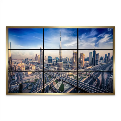 Nine-panel grid arrangement forming a modern wall art of Dubai's skyline