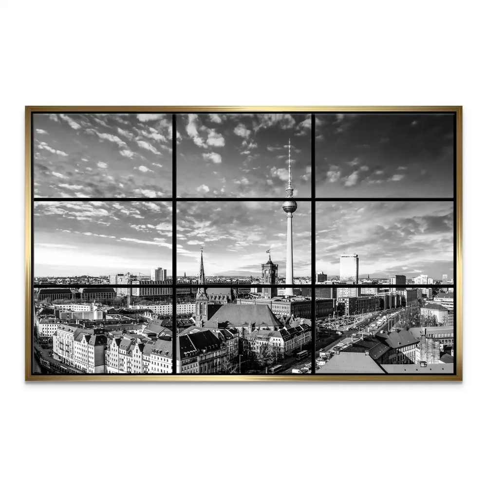 Fifth panel emphasizes geometric rooftops and glass façades against a moody sky