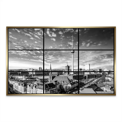 Fifth panel emphasizes geometric rooftops and glass façades against a moody sky