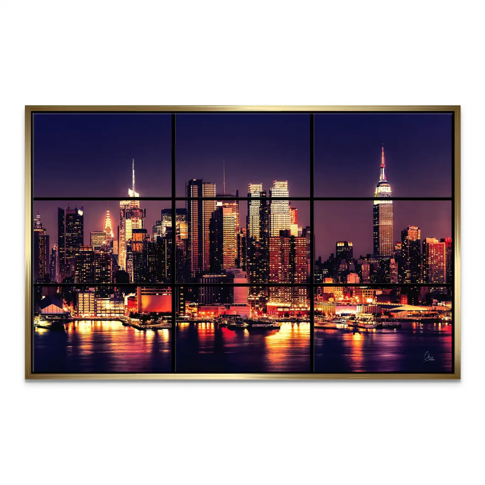 Panoramic cityscape panels reflecting on water
