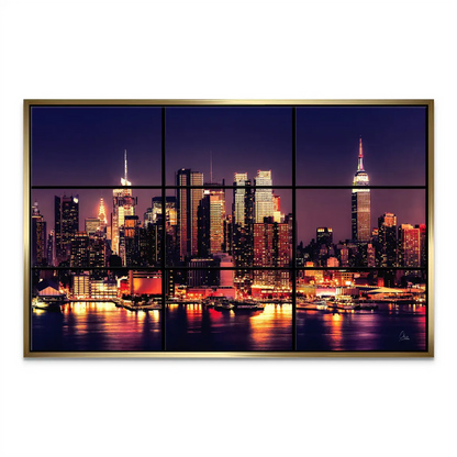 Panoramic cityscape panels reflecting on water
