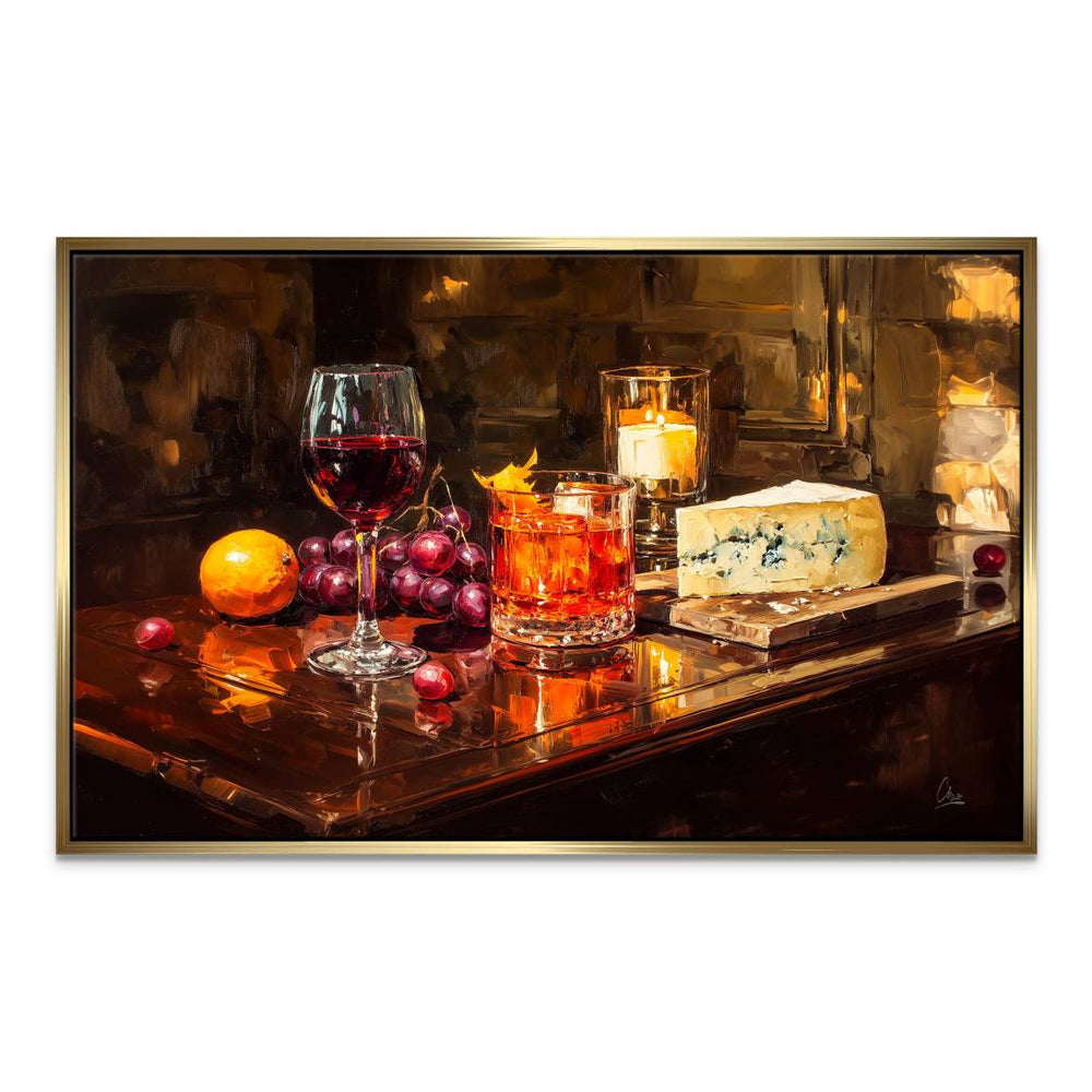 Dark wood surface reflecting light in an impressionist wine-themed canvas.
