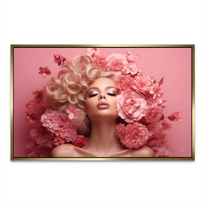 Soft pink background with a fashion-forward portrait and abundant pink blooms.