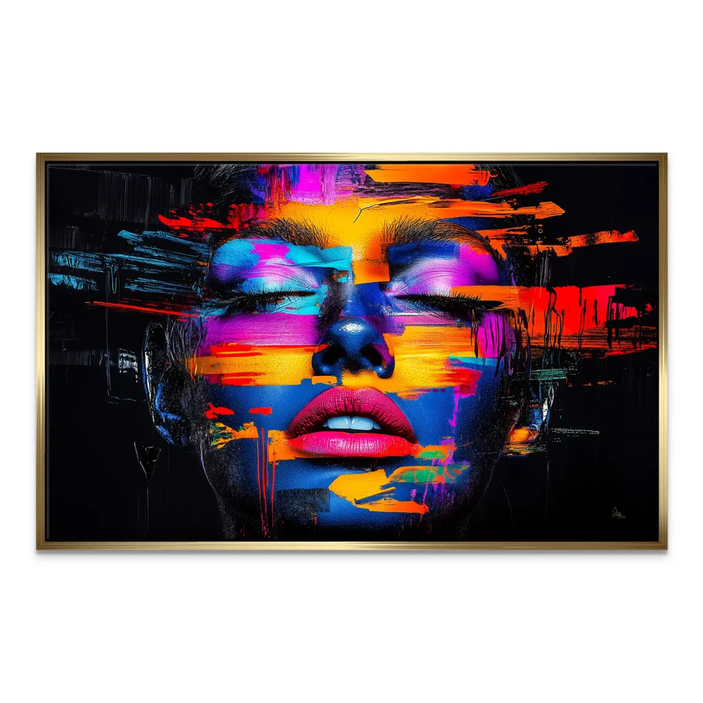 Vivid yellow and purple neon portrait on black canvas for living room